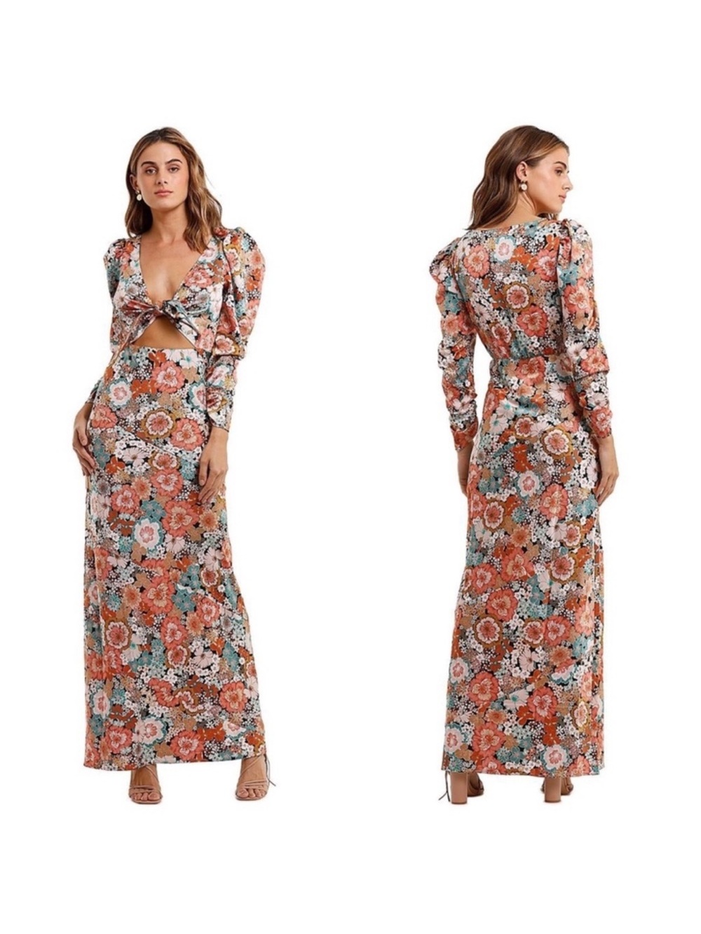 For Love & Lemons Rust Multi Floral Tie-Front Maxi Dress